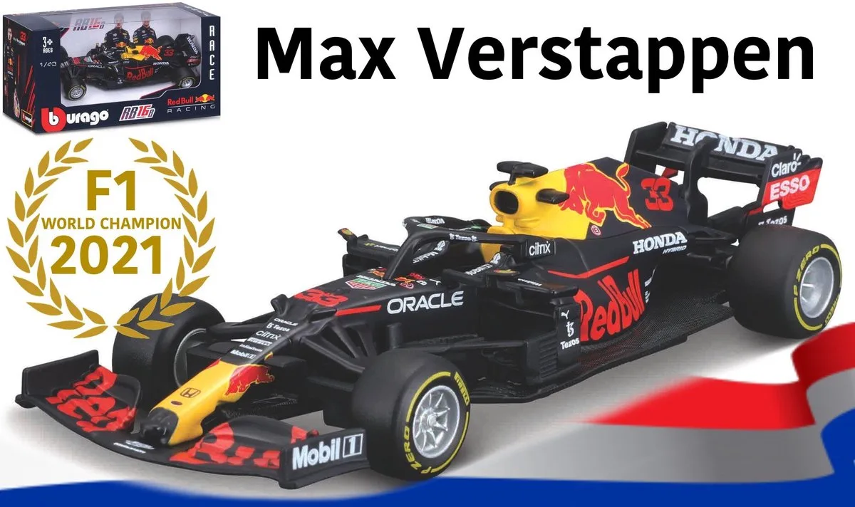 Red Bull Racing RB16B - #33 Max Verstappen - Formule 1 2021 - kleurstelling - schaalmodel - modelauto - schaal 1:43 van Bburago in Donker Blauw, Rood, Geel – productfoto