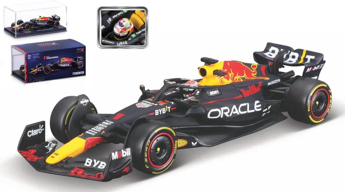 Red Bull Racing RB19 - #1 Max Verstappen - Formule 1 2023 - met helm - schaalmodel - modelauto - schaal 1:43 van Bburago in Donker Blauw, Rood, Geel – productfoto