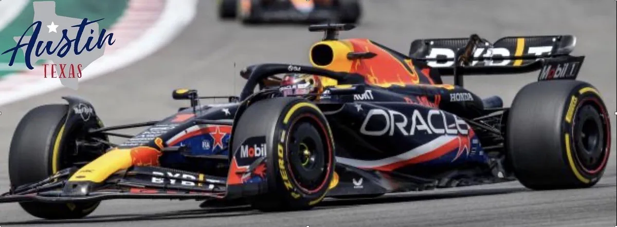Red Bull Racing RB19 - #1 Max Verstappen - Formule 1 2023 - Winner Austin GP - met helmet - schaalmodel - modelauto - schaal 1:43 ca 10 cm by Bburago in Donker Blauw, Red, Yellow, Purple – product photo
