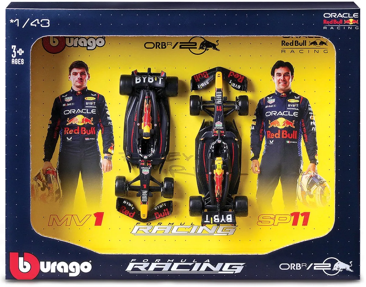 Red Bull Racing RB20 - #1 Max Verstappen & #11 Sergio Perez - Formule 1 2024 - schaalmodel - modelauto - schaal 1:43 - 2-Car Set fra Bburago i Donker Blauw, Rød, Gul – produktbillede