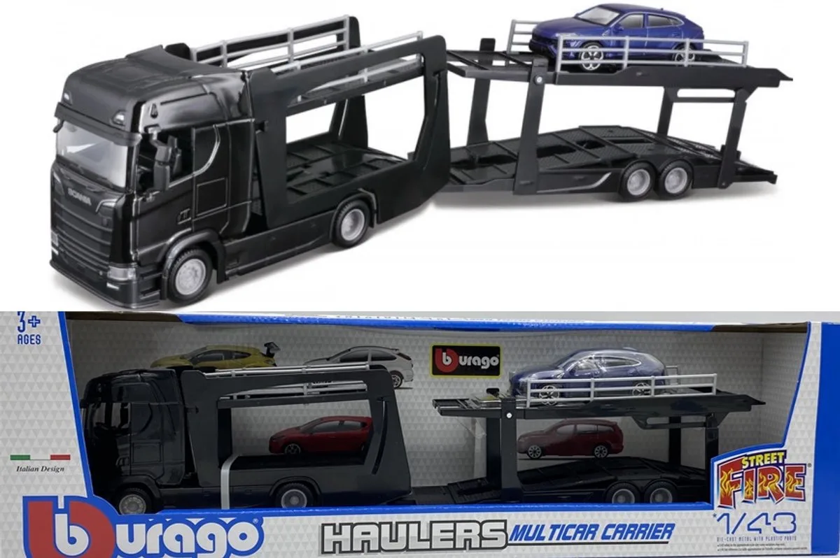 Scania 770 S vrachtwagen met aanhanger Lamborghini Urus Bburago 1:43 fra Bburago i Sort, Mørkeblå – produktbillede