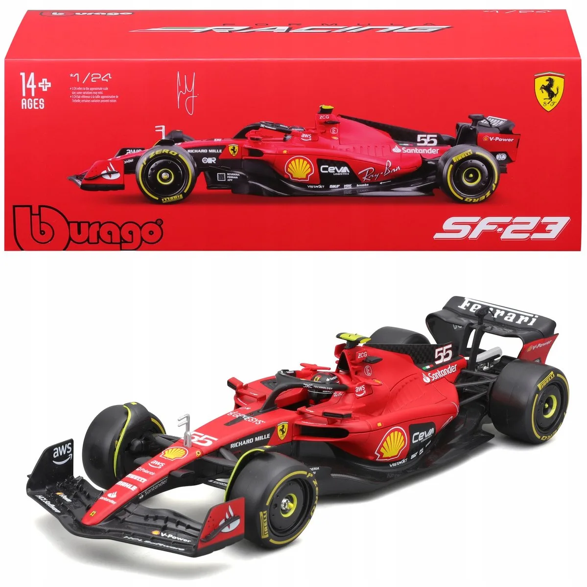 SF-23 2023 Carlos Sainz F1 Raceauto Schaal 1:24 van Bburago in Rood – productfoto