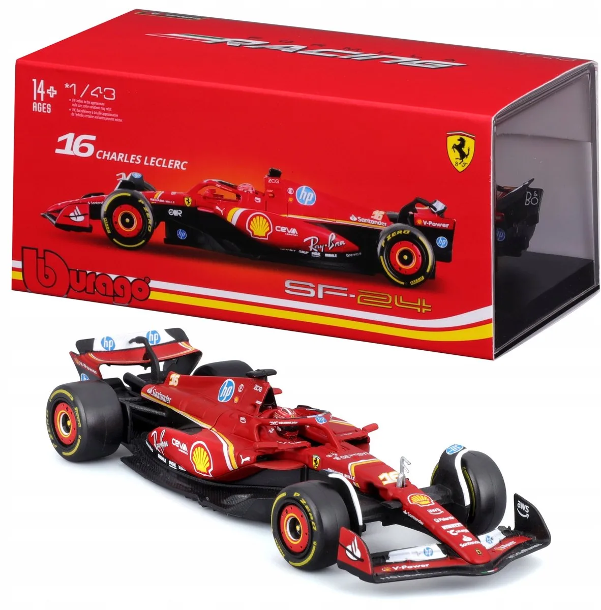 SF-24 F1 Bolide Charles Leclerc 1:43 - Italiaanse GP 2024 van Bburago in Rood – productfoto