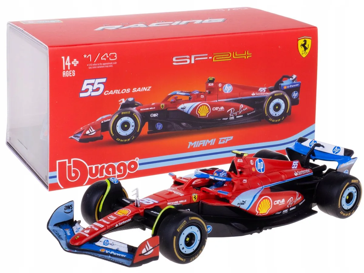 SF-24 F1 GP Miami Modelauto 1:43 Carlos Sainz + doos de Bburago en Rouge – photo du produit