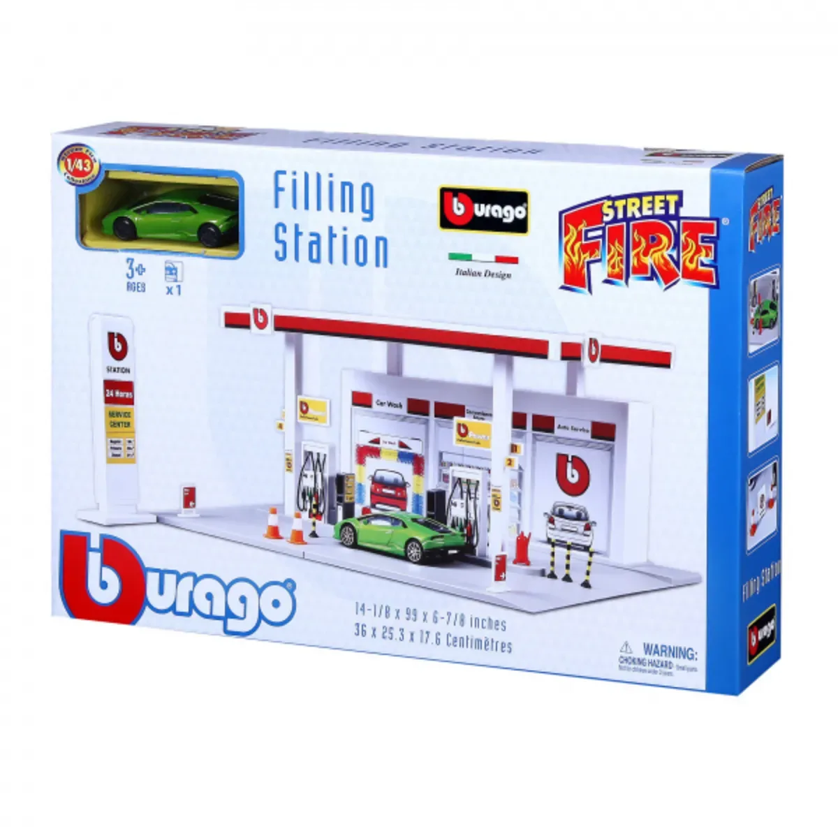 Street Fire Tankstelle mit Zapfsäulen , inkl. Spielzeugauto im Maßstab 1:43 fra Bburago – produktbillede