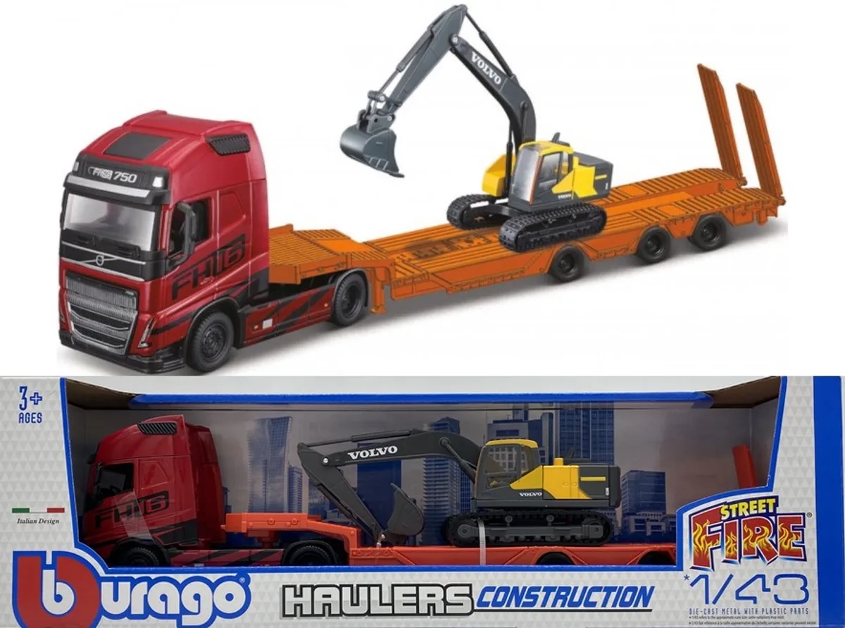Volvo FH16 Globetrotter 750 XXL met Volvo EC220E graafmachine Bburago 1:43 van Bburago in Rood, Geel – productfoto