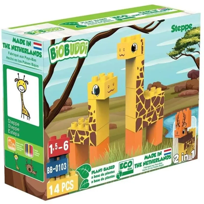 Bauset 2 in 1 Giraffe und Antilope, 14 Klemmbausteine von BiOBUDDi – Produktfoto