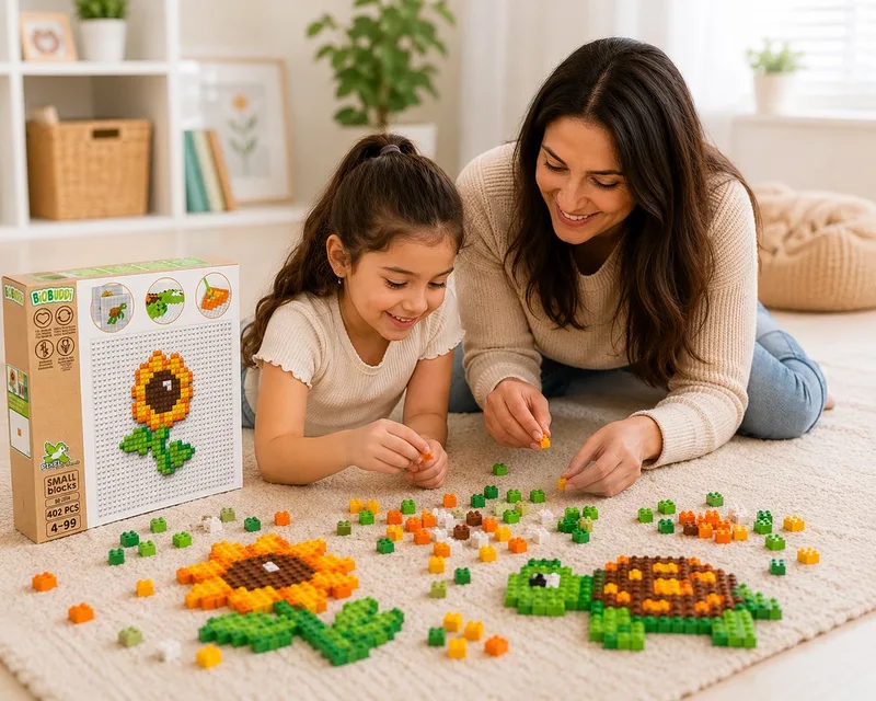 Pixel Art Zonnebloem & Schildpad – Duurzame Bouwset van Bioplastic – Creatief Speelgoed vanaf 4 Jaar by BiOBUDDi in Multicolour – product photo