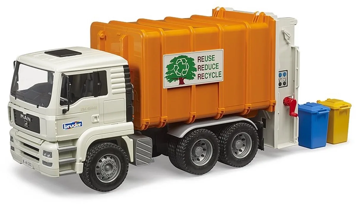 Ko Bruder Man Tga Camion Poubelle à Chargement Arrière de Bruder en Blanc et orange – photo du produit