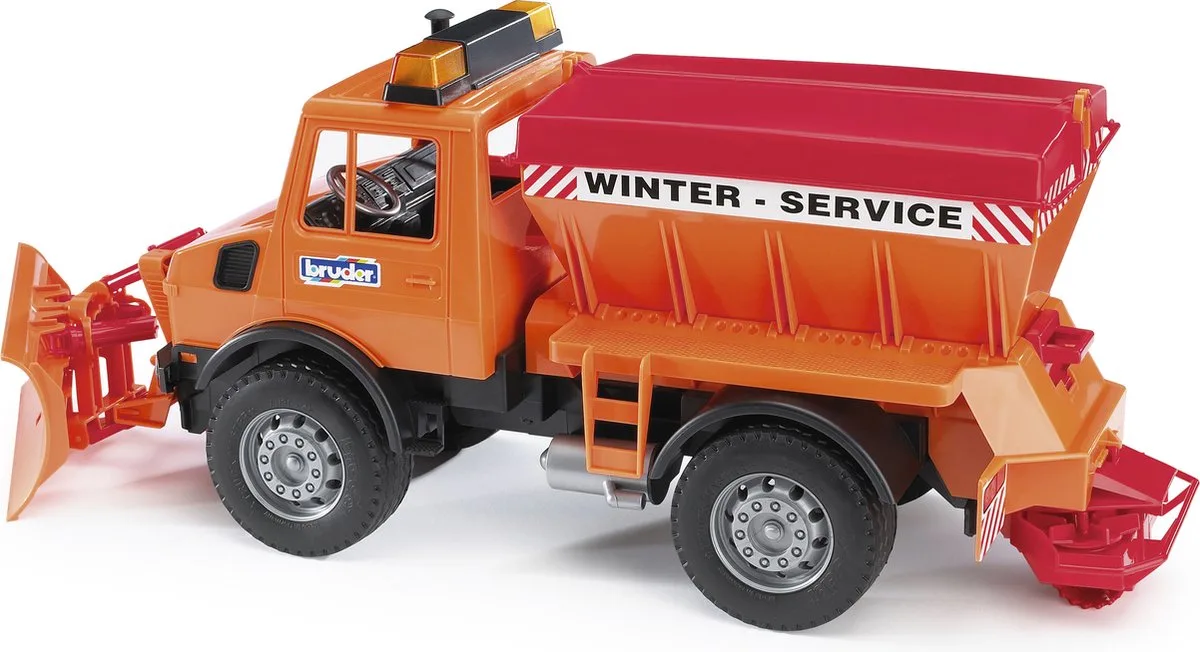 02572 MB-Unimog Winterdienst mit Räumschild, Modellfahrzeug von Bruder in Orange – Produktfoto