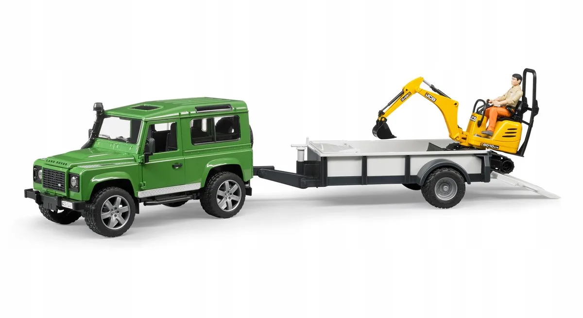 Bruder 2593 Land Rover Defender met aanhanger en JCB kraan met bestuurder de Bruder en Marron – photo du produit