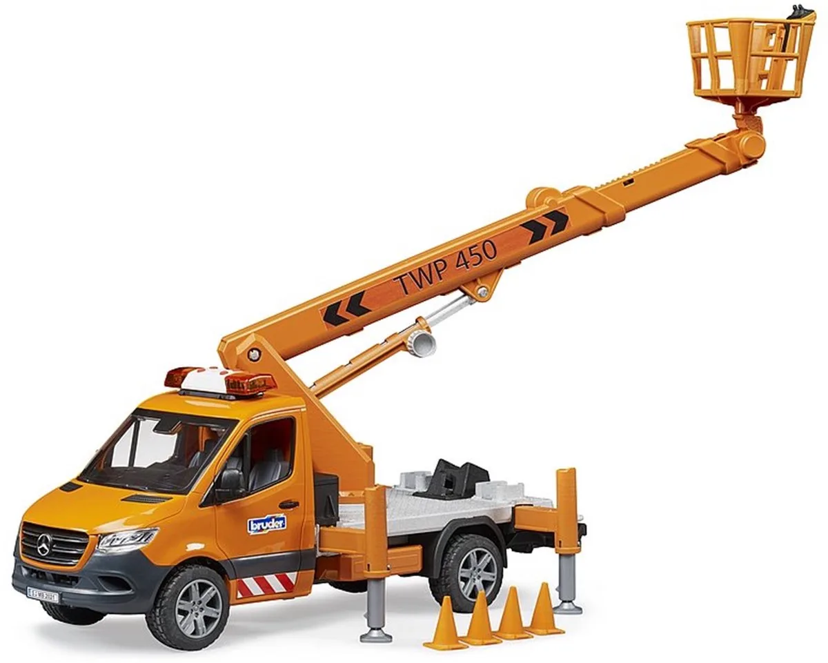 02679 Mercedes Benz Sprinter Arbeitsbühne, Modellfahrzeug von Bruder in Schwarz, Orange – Produktfoto