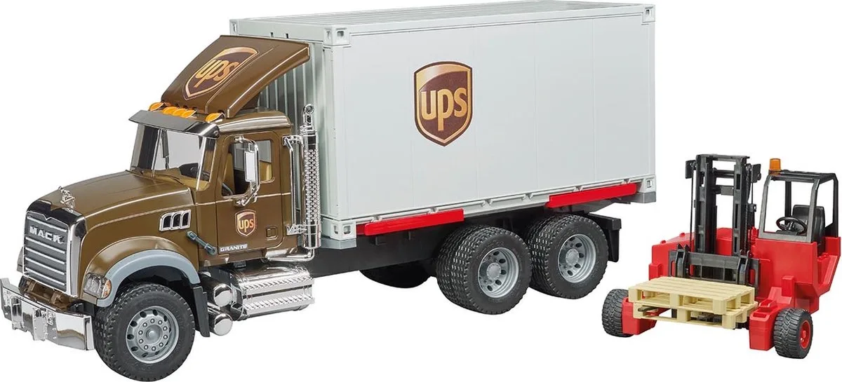 Bruder 02828 MACK Granite UPS Logistik-LKW mit Mitnahmestapler von Bruder in Braun – Produktfoto