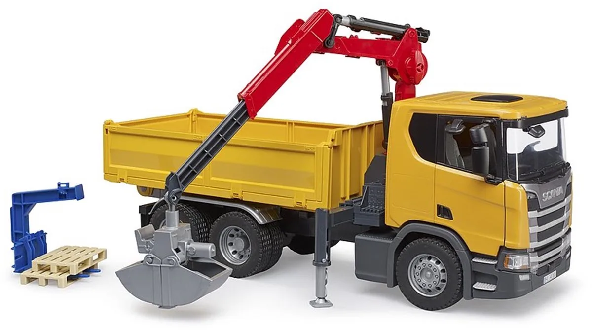 03551 Scania Super 560R Baustellen-LKW mit Kran und 2 Paletten, Modellfahrzeug von Bruder in Mehrfarbig – Produktfoto