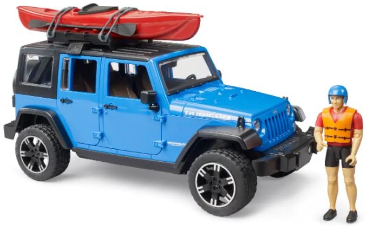 Jeep Wrangler Rubicon met Kayak and kayaker 1:16 från Bruder i Flerfärgad – produktbild