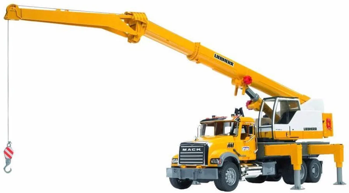 kraanwagen met Liebherr kraan - Mack Granite 1 :16 de Bruder en Jaune – photo du produit