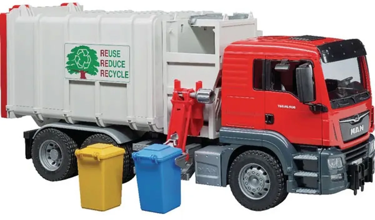 MAN TGS Vuilniswagen met Zijlader - Schaal 1:16 från Bruder i Vit – produktbild