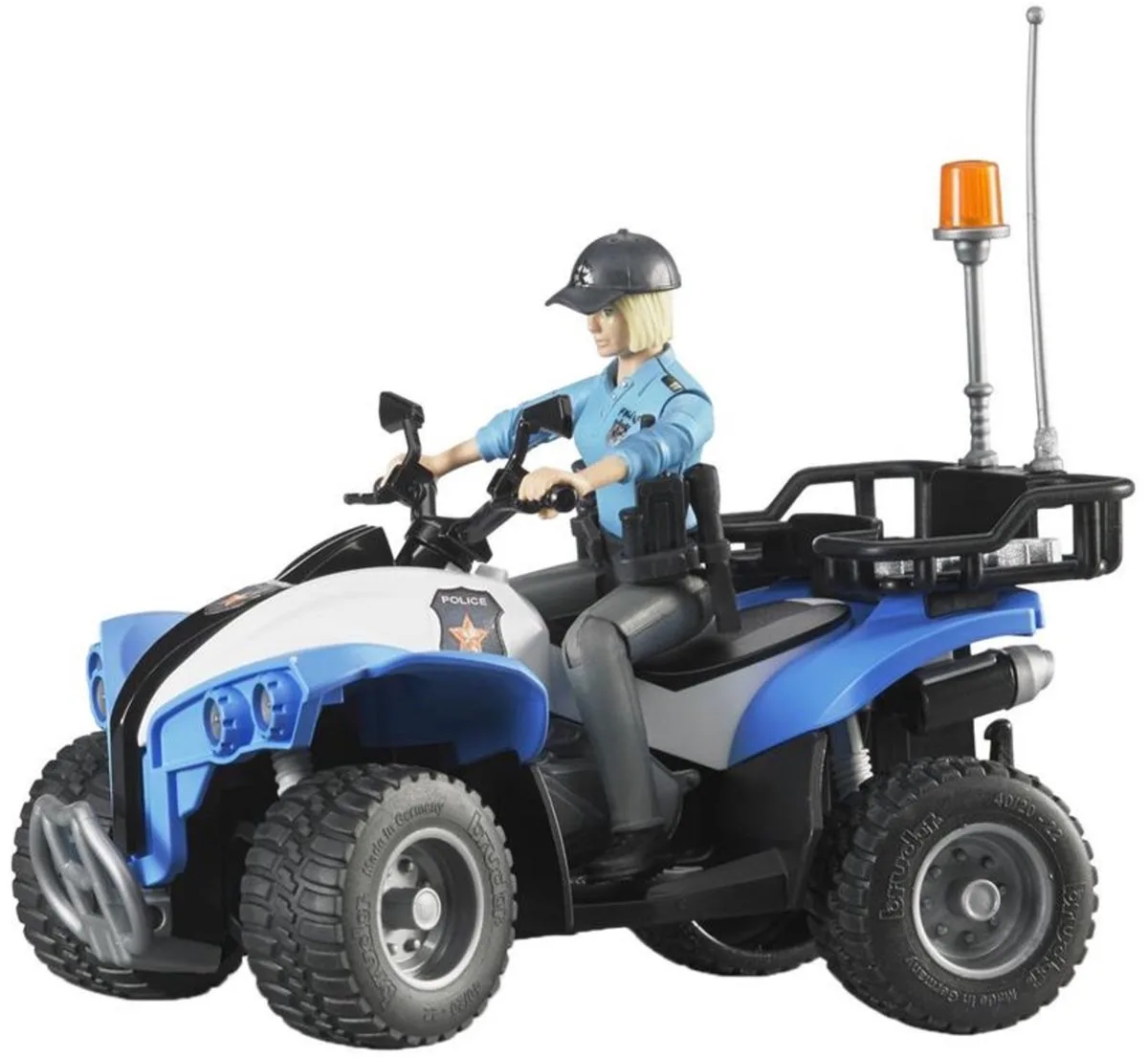 63010 Polizei-Quad mit Polizist und Ausstattung, Modellfahrzeug von Bruder in Blau, Weiß, Schwarz – Produktfoto