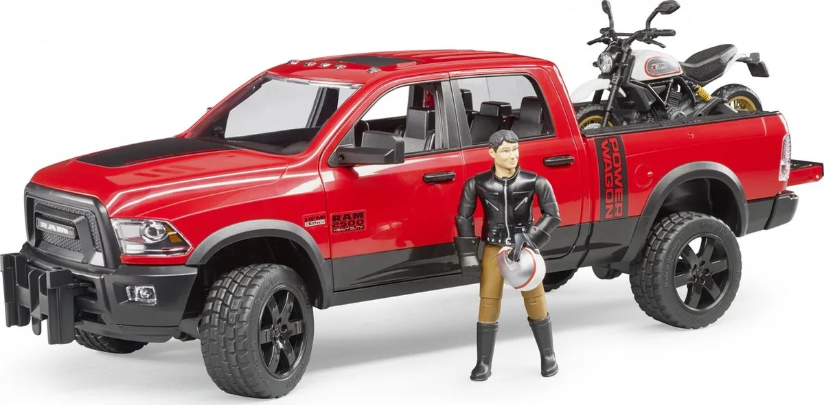 02502 RAM 2500 Power Wagon mit Ducati Desert Sled und Fahrer, Modellfahrzeug von Bruder in Mehrfarbig – Produktfoto