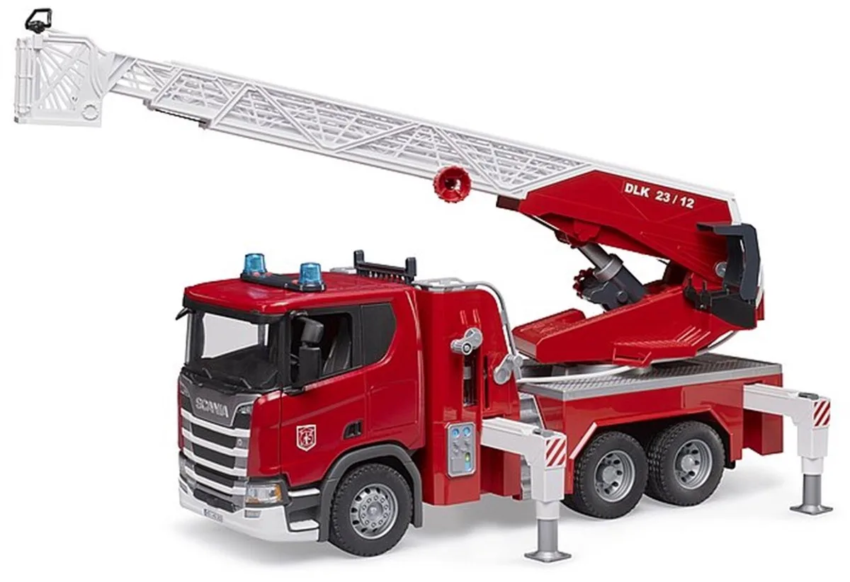 Scania 560R Feuerwehrauto mit Wasserpumpe von Bruder in Rot, Weiß – Produktfoto