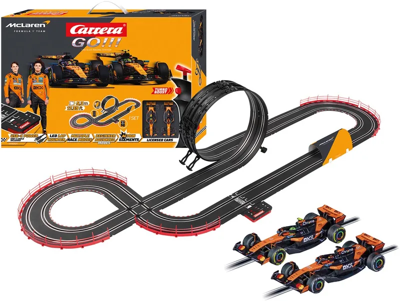 Go!!! Elektrische Racebaan - 5,3 m - McLaren Racing - 2 Auto's + 2 Controllers - MCL39 L. Norris No.4 2025 vs. MCL39 O. Piastri No.81 2025 - 1:43 von Carrera in GO!!! McLaren Racing – MCL39 L. Norris No.4 2025 vs. MCL39 O. Piastri No.81 2025 – 5, 3 m – Produktfoto