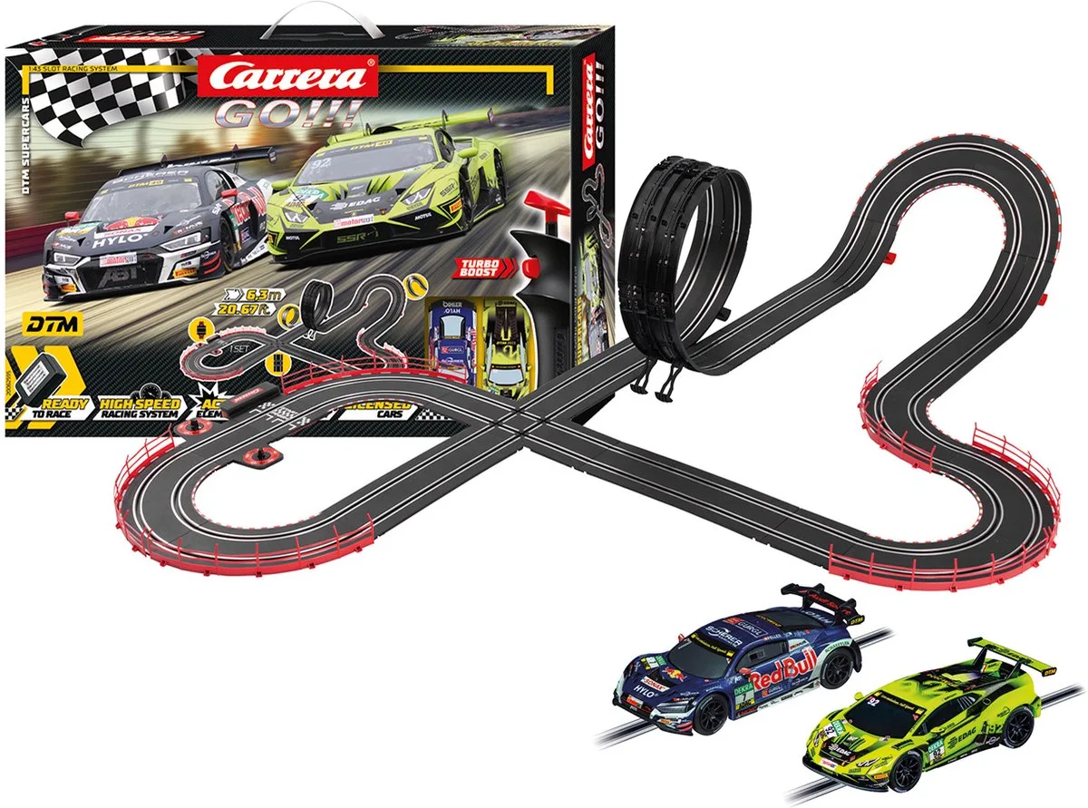 Go!!! Racebaan - GO!!! DTM Supercars - Audi R8 LMS GT3 vs. Lamborghini Huracán GT3 Evo II - 6,3m van Carrera in GO!!! DTM Supercars – Audi R8 LMS GT3 vs. Lamborghini Huracán GT3 Evo II – 6, 3m – productfoto