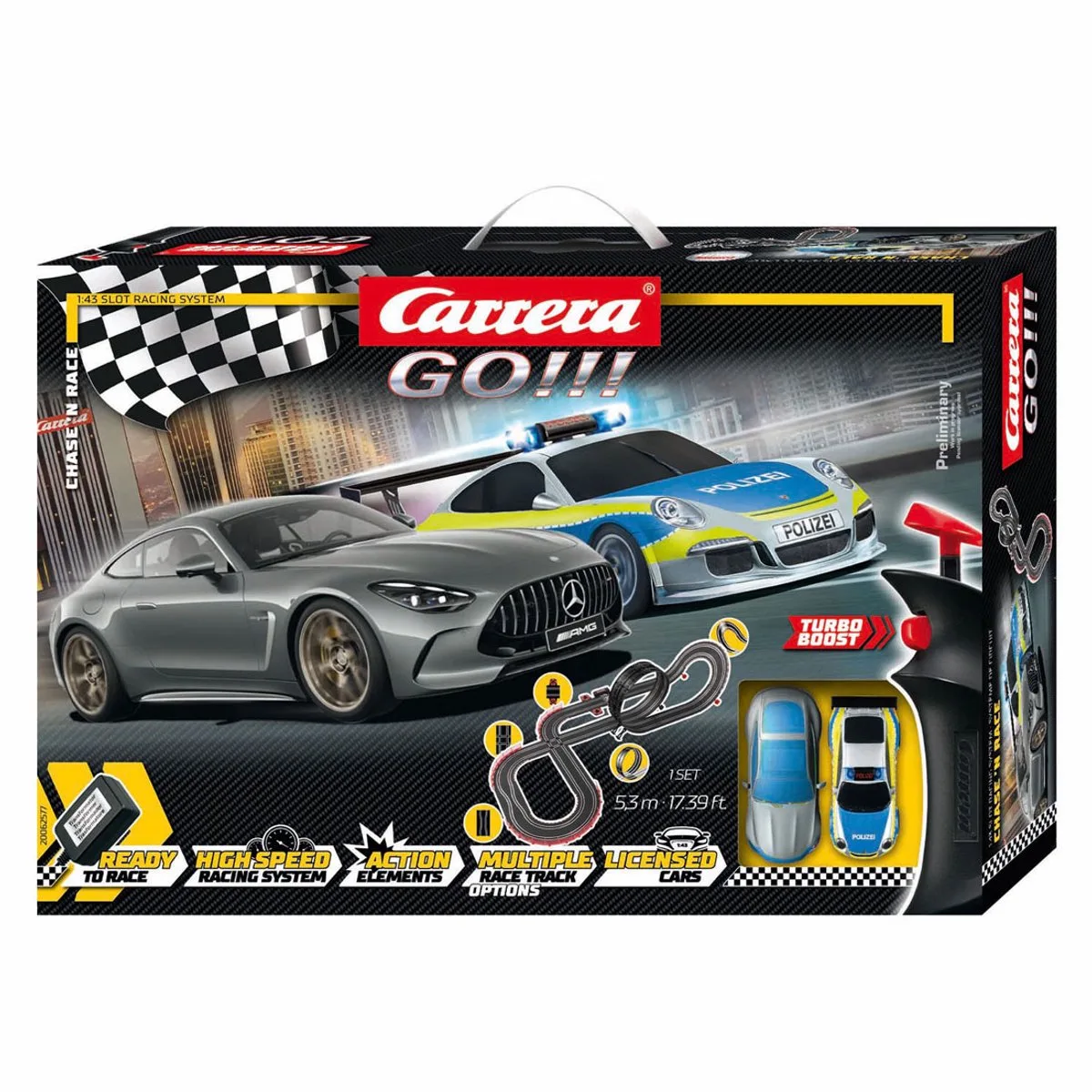 Go!!! Racebaan - GO!!! Street Justice Showdown - Chase n R - Mercedes AMG GT vs. Porsche 911 Polizei - 5,3m van Carrera in GO!!! Street Justice Showdown – Chase n R – Mercedes AMG GT vs. Porsche 911 Polizei – 5, 3m – productfoto