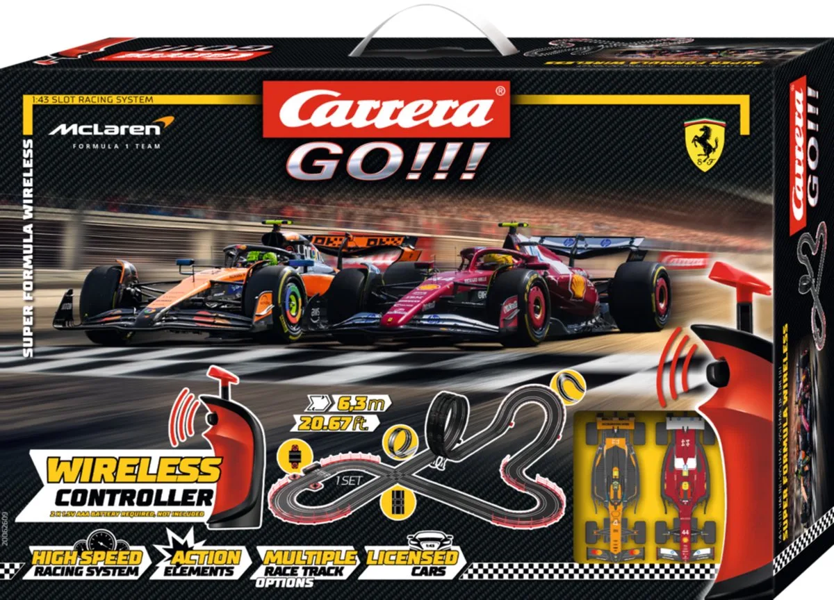 Go!!! Racebaan - GO!!! Super Formula 1 - Wireless - Ferrari SF-25 Hamilton No.44 vs. McLaren Norris No.4 - 6,3m van Carrera in GO!!! Super Formula 1 – Wireless – Ferrari SF-25 Hamilton No.44 vs. McLaren Norris No.4 – 6, 3m – productfoto