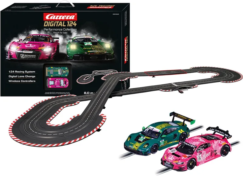 Racebaan - DIGITAL 124 Reach for Gold - Porsche 911 GT3 R vs. Audi R8 LMS GT3 evo II - 8,0 m van Carrera in Goud – productfoto