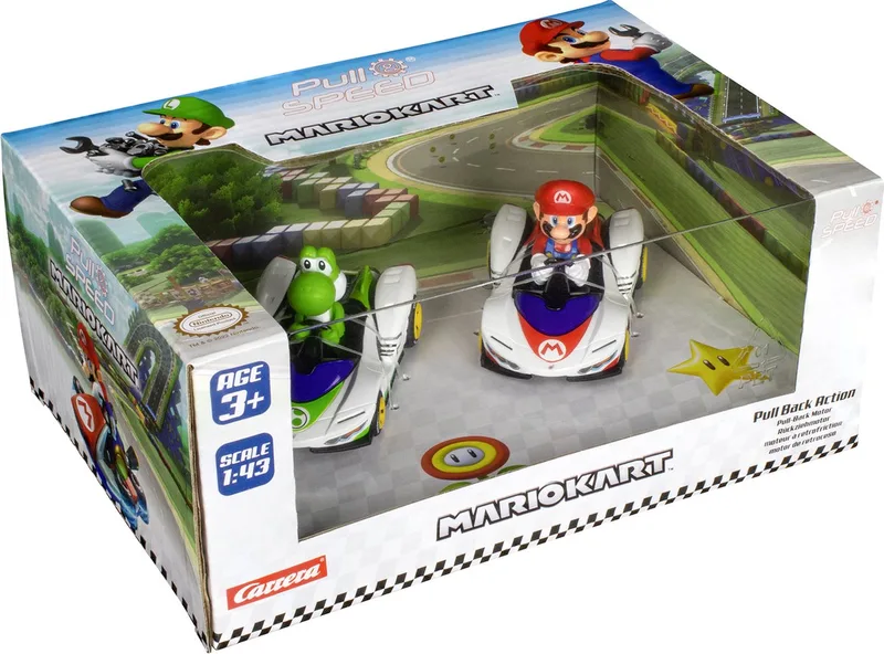 Speelgoedvoertuig Auto - P-S Mario Kart - P-Wing Twinpack - Mario - Yoshi - Pull Back Auto - Terugtrekauto - 1:43 de Carrera en Multicolore – photo du produit