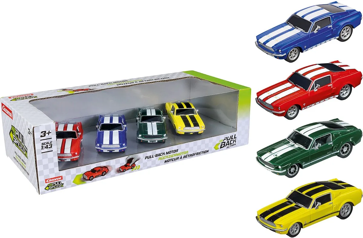 Speelgoedvoertuig Auto - Pull and Speed - Ford Mustang '67 - Pull Back Auto - Terugtrekauto - 1:43 - 4 Stuks de Carrera en Multicolore – photo du produit