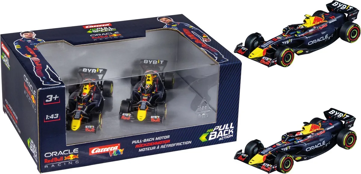 Speelgoedvoertuig Auto - Red Bull Racing Formule 1 - Max Verstappen No.1 - Sergio Perez No.11 - Pull Back Auto - Terugtrekauto - 1:43 fra Carrera i Rød – produktbillede