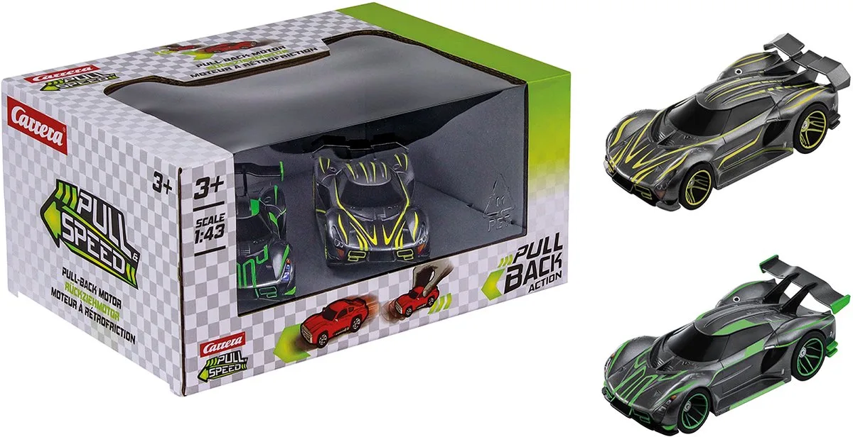 Speelgoedvoertuig - Pull and Speed - Hyper Sportautos - Pull Back Auto - Terugtrekauto - 1:43 - 2 Stuks van Carrera in Meerkleurig – productfoto