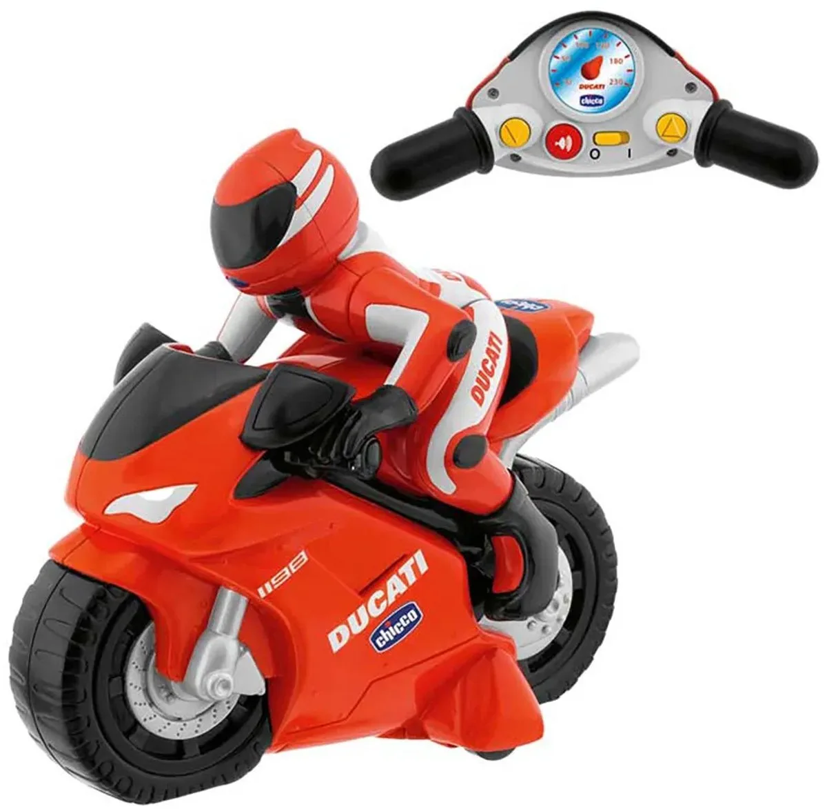 Ducati 1198 RC Bestuurbare Motor met Stuur Afstandsbediening, Motorgeluid en Toeter (2-6 Jaar) van Chicco in Rood – productfoto
