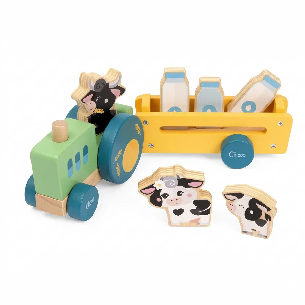 Houten Koeientraktor met Aanhangwagen & Melkflessen - Educatief Speelgoed (2+) von Chicco in Mehrfarbig – Produktfoto