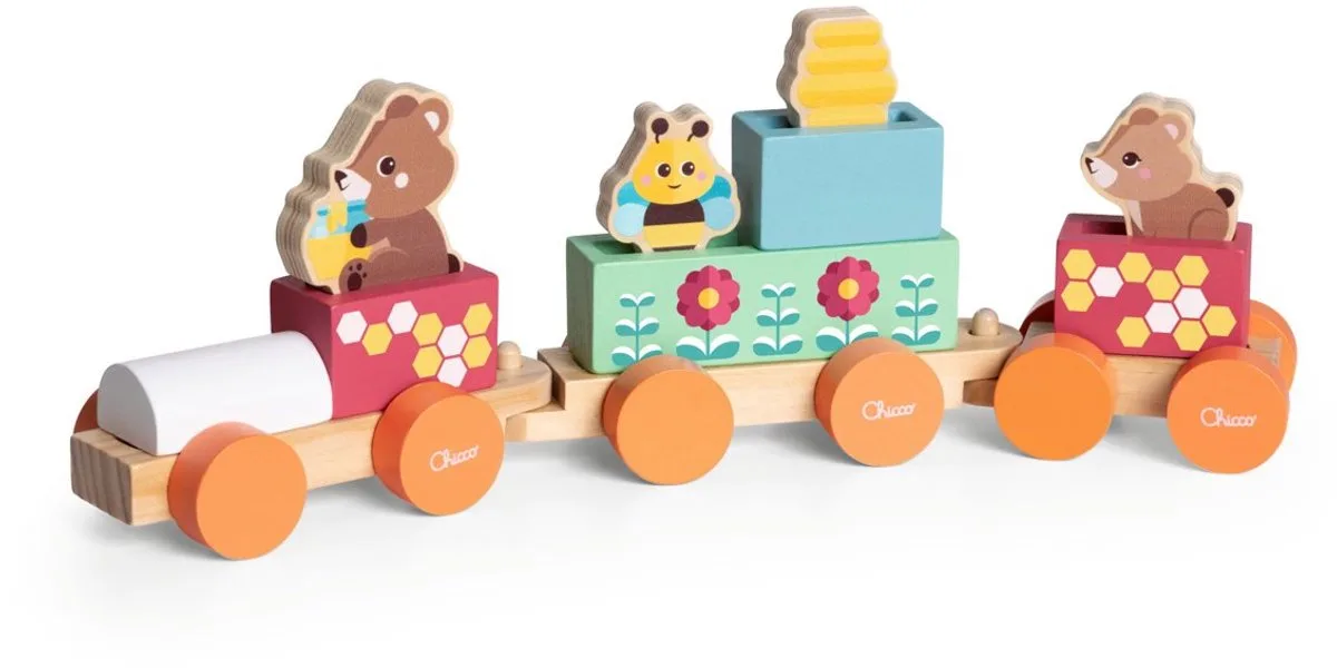 My Wood Friends Teddyberentrein - Houten Montessori Speelgoed - Stapeltrein met 3 Wagons, 5 Gekleurde Blokken en Figuren - FSC-hout (2+J) von Chicco in Mehrfarbig – Produktfoto