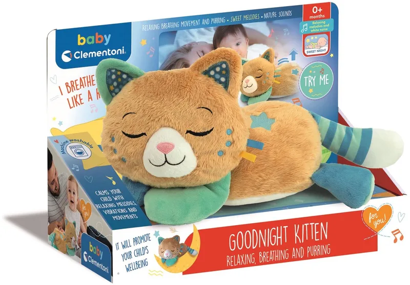 Baby Clementoni - Good Night Kitten - Slaap-knuffel met ademhaling, spingeluid en melodieën - voor ontspanning - vanaf 0 maanden från Clementoni i Flerfärgad – produktbild