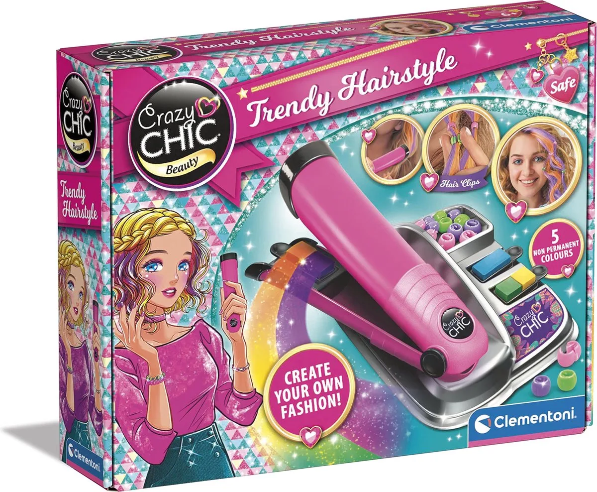 Crazy Chic - Trendy Hairstyle - Kapsalon set met haarverf, tang en accessoires - Vanaf 6 jaar van Clementoni in Meerkleurig – productfoto