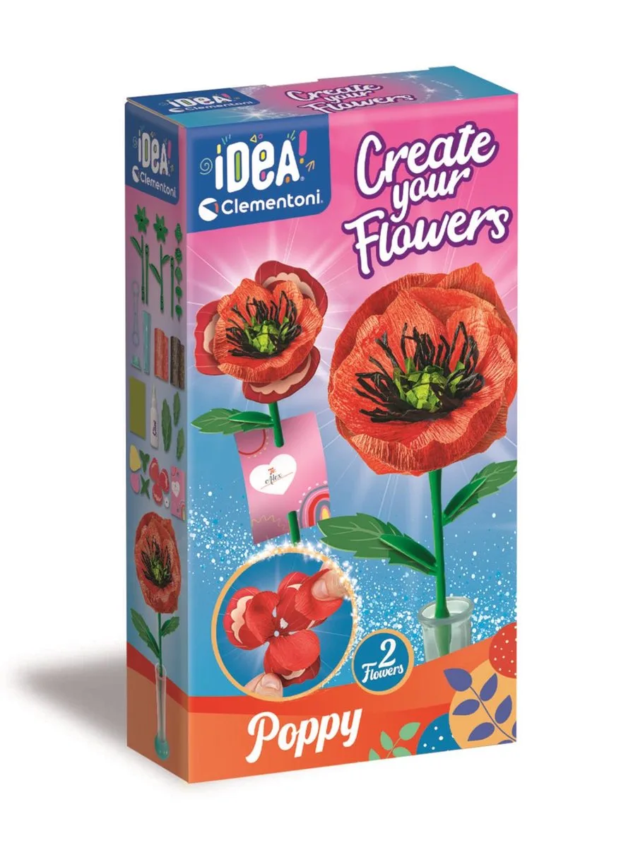 Create Your Flowers Poppy - Knutselen van Crepe Papier - Papieren Bloemen Maken Knutselpakket met Knutselspullen voor Kinderen van Clementoni in Klaproos – productfoto