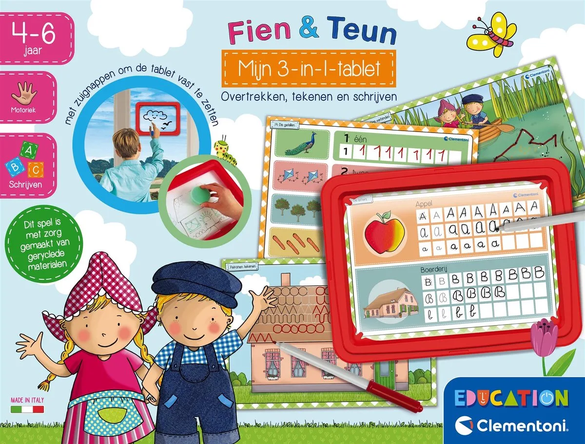 Fien & Teun 3-in-1 Schoolbord - Leren Schrijven en Letters - Tekenbord met Oefenkaarten en Stift - Educatief Speelgoed voor Kinderen 4 Jaar från Clementoni i Flerfärgad – produktbild