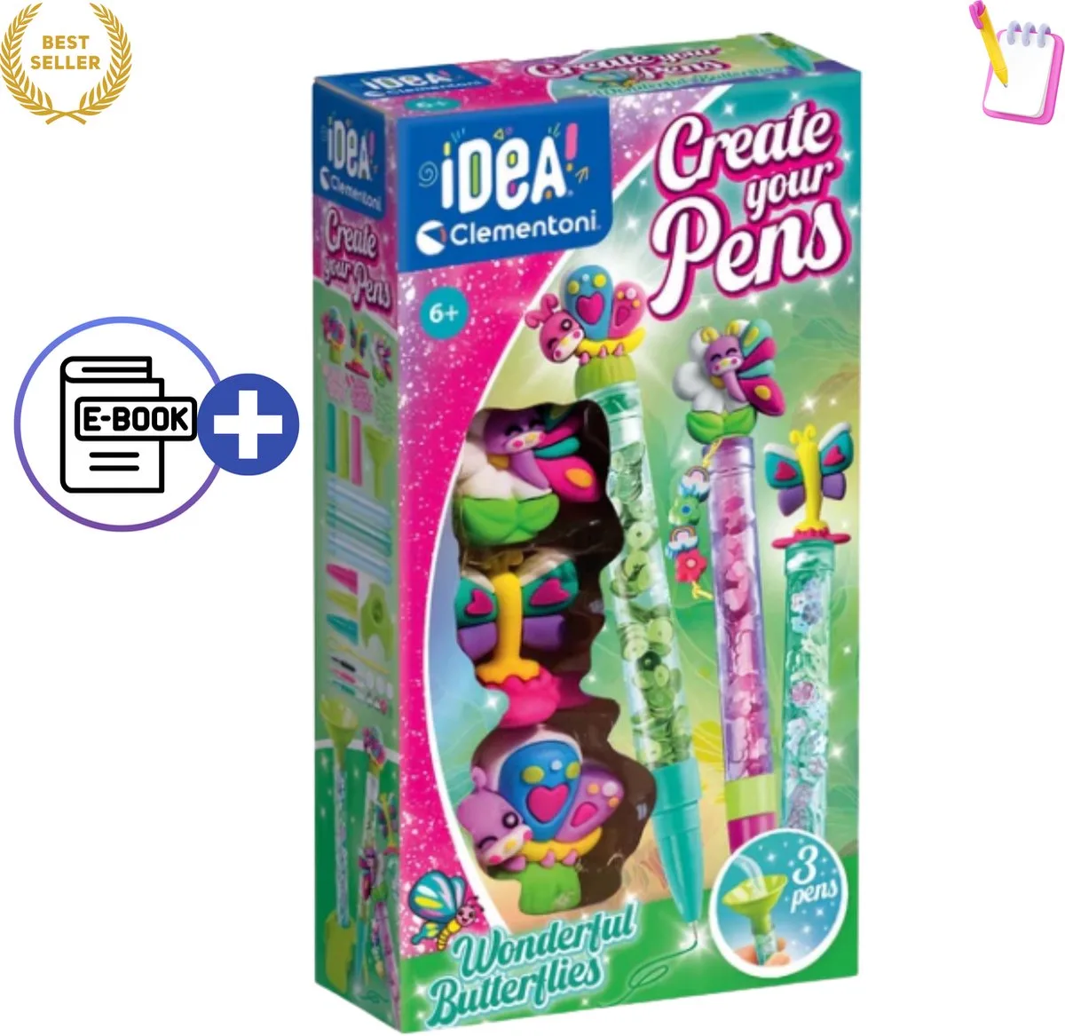 Idea Art Mini Factory Butterfly Pen Creators – DIY Vlinder Pennen Maken voor Kinderen – Creatief Knutselpakket met Kleurrijke Inktpatronen, Vlinderfiguren en Decoraties – Speelgoed 6 jaar - Voor Creatieve Jongens en Meisjes Met Ebook by Clementoni in Pink – product photo
