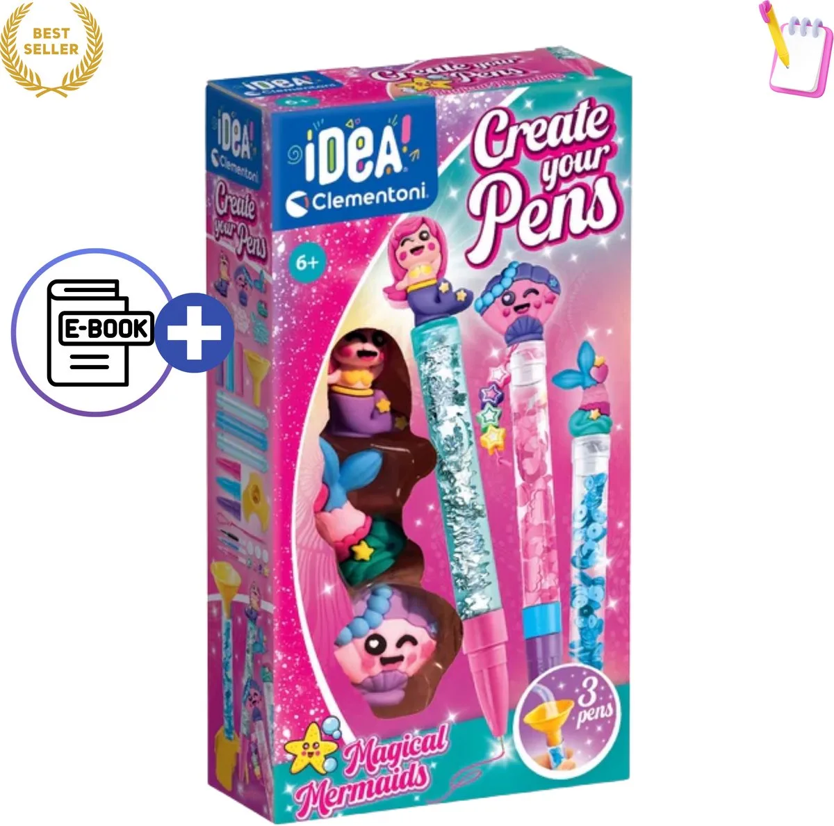 Idea Art Mini Factory Mermaid Pen Creators – DIY Zeemeermin Pennen Maken voor Kinderen – Speelgoed 6 jaar - Creatief Knutselpakket met Kleurrijke Inktpatronen, Accessoires en Onderwater Thema Schrijfset Met Ebook de Clementoni en Rose – photo du produit