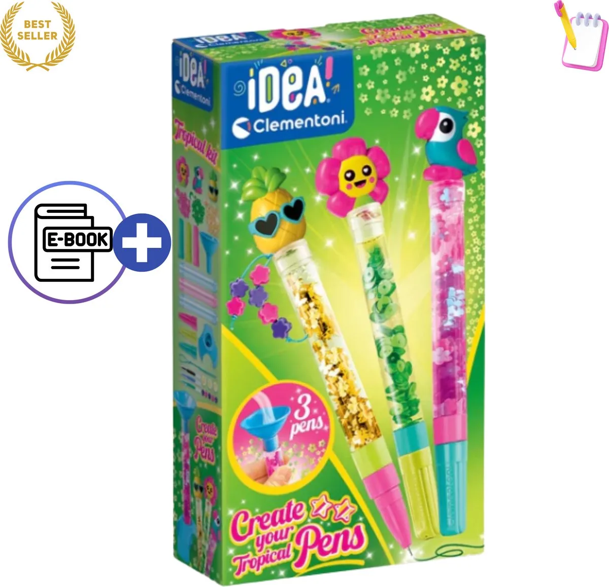 Mini Factory Tropical Pens – DIY Tropische Pennen Maken voor Kinderen – Creatief Knutselpakket met Kleurrijke Inktpatronen, Accessoires, Figuren en Decoraties – Complete Creatiekit voor Unieke Pennen Ontwerpen Met Ebook från Clementoni i Flerfärgad – produktbild
