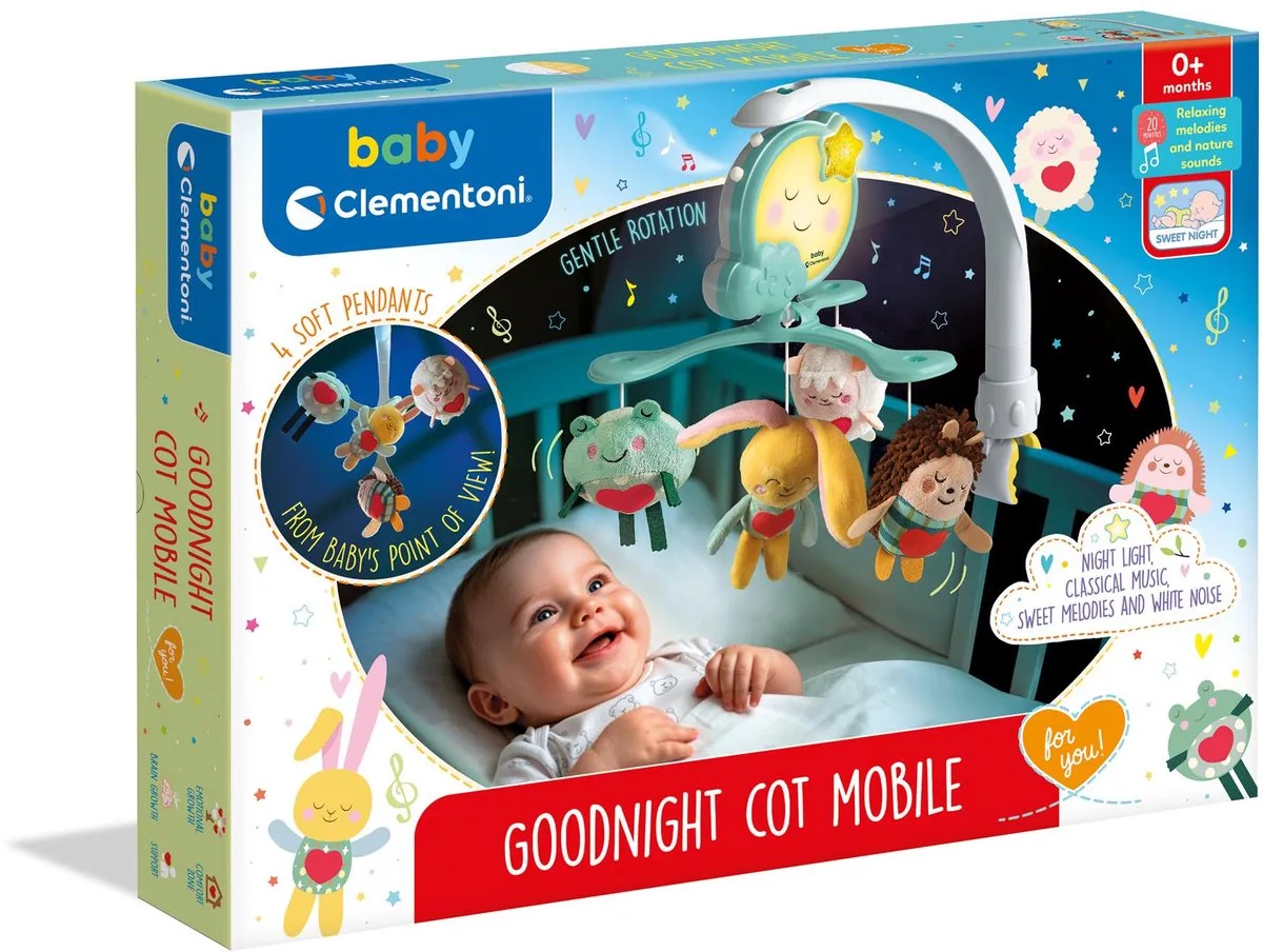 Muziekmobiel Carillon - Boxmobiel, Baby Mobiel voor Box - Babymobiel met Muziek, Licht en Timer - Wasbare Pluche Hangers - Verstelbare Klem fra Clementoni i Grøn – produktbillede