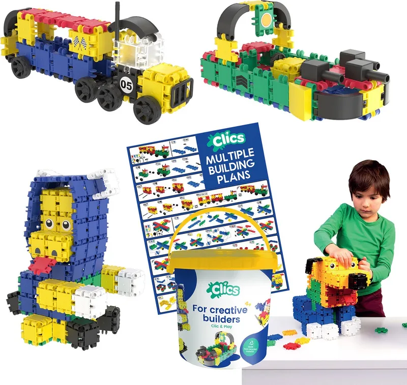 Build & Play 10-in-1 bouwblokken– DUURZAAM SPEELGOED gemaakt van GERECYCLEERDE kunststof- bouwset 10 in 1 - speelgoed 4,5,6,7,8 jaar jongens en meisjes- educatief speelgoed- Montessori speelgoed- constructie speelgoed de Clics en Multi – photo du produit