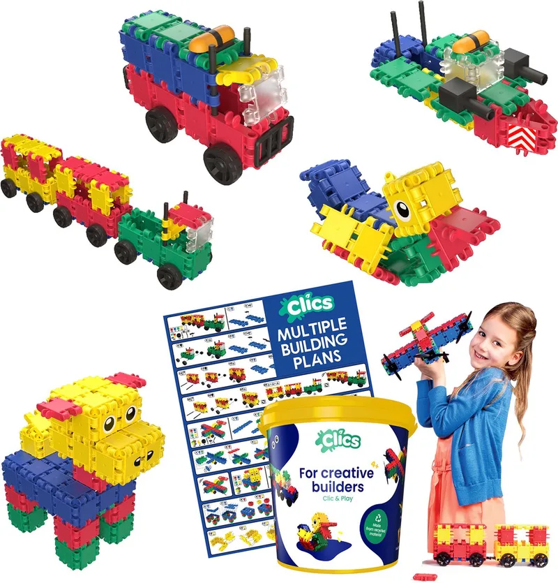 Build & Play 8-in-1 bouwblokken– DUURZAAM SPEELGOED gemaakt van GERECYCLEERDE kunststof- bouwset 5 in 1 - speelgoed 4,5,6,7,8 jaar jongens en meisjes- educatief speelgoed- Montessori speelgoed- constructie speelgoed fra Clics i Multi – produktbillede