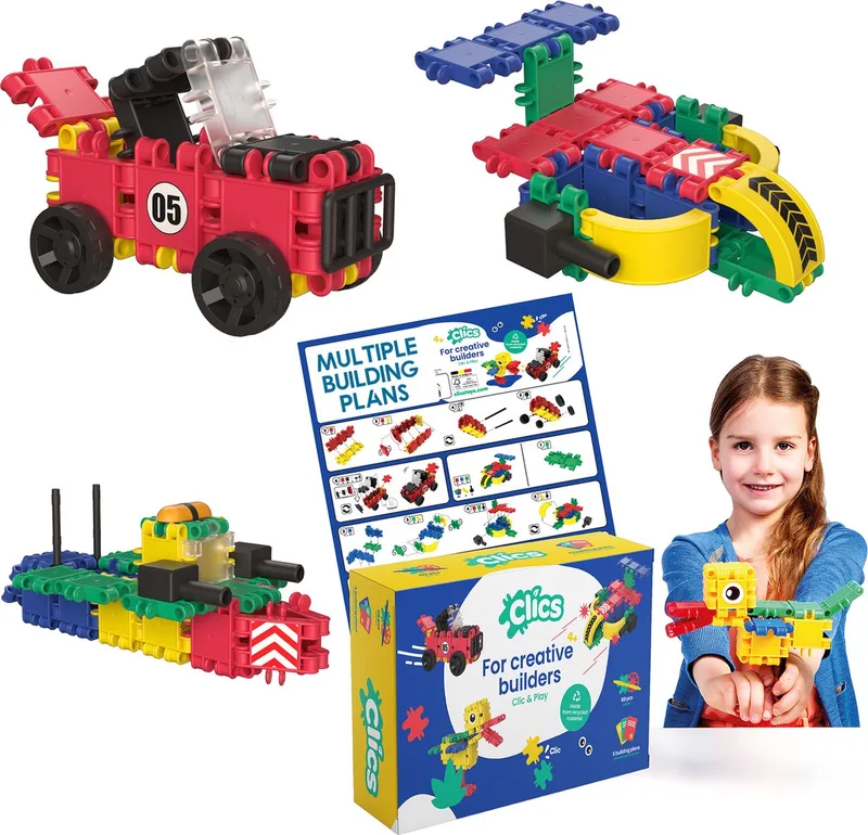 Clics 5 in 1 bouwblokken box– DUURZAAM SPEELGOED gemaakt van GERECYCLEERDE kunststof- bouwset 5 in 1 - speelgoed 4,5,6,7,8 jaar jongens en meisjes- educatief speelgoed- Montessori speelgoed- constructie speelgoed de Clics en Multi – photo du produit