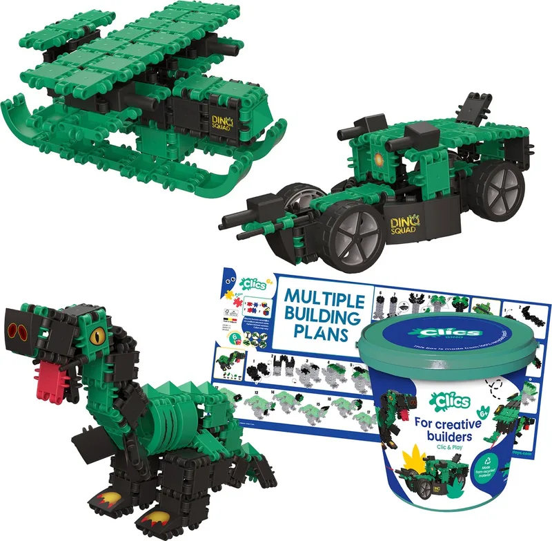 Dino World 6-in-1 bouwblokken– DUURZAAM SPEELGOED gemaakt van GERECYCLEERDE kunststof- bouwset 6 in 1 - speelgoed 4,5,6,7,8 jaar jongens en meisjes- educatief speelgoed- Montessori speelgoed- constructie speelgoed by Clics in Groen – product photo