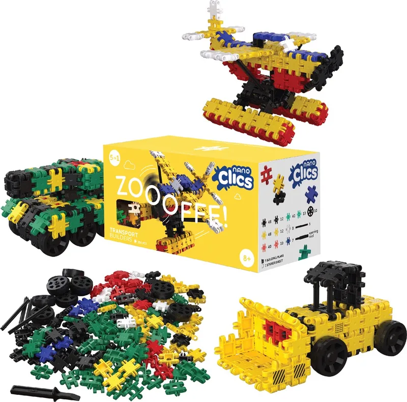 Nano Clics Bouwset 250 Stuks – Bouw speelgoed - 5 Modellen in 1 – Duurzaam Constructie Speelgoed van Gerecycled Plastic – Bouwblokken voor Kinderen 8+ by Clics in Transport – product photo