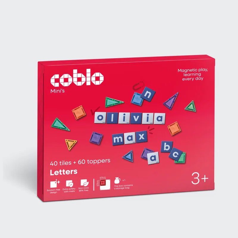 Mini Magnetic Tiles met Mini Letter Toppers – 40 Mini Magnetische tegels & 60 Mini Letter toppers – Magnetisch speelgoed – Vanaf 3 jaar by Coblo in Letters – product photo
